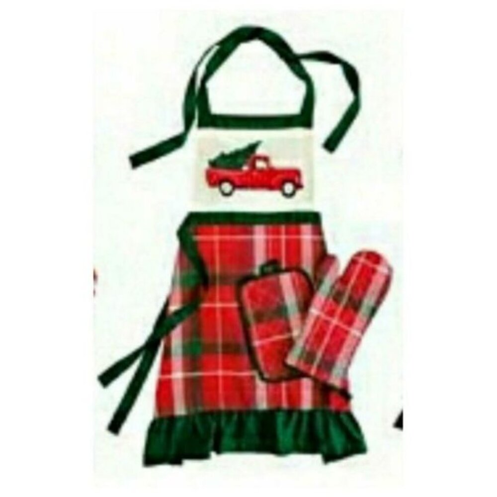 Apron Pot Holder Oven Mitt Red Truck Plaid Holiday Cooking Baking CHRISTMAS